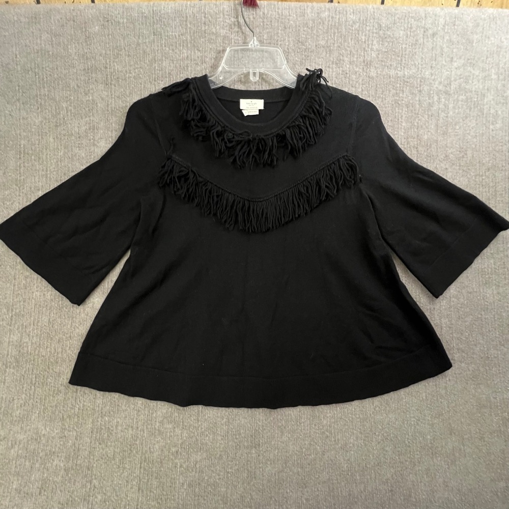 Kate Spade New York Black Fringe Trim Bell Sleeve Knit Top Size Small
